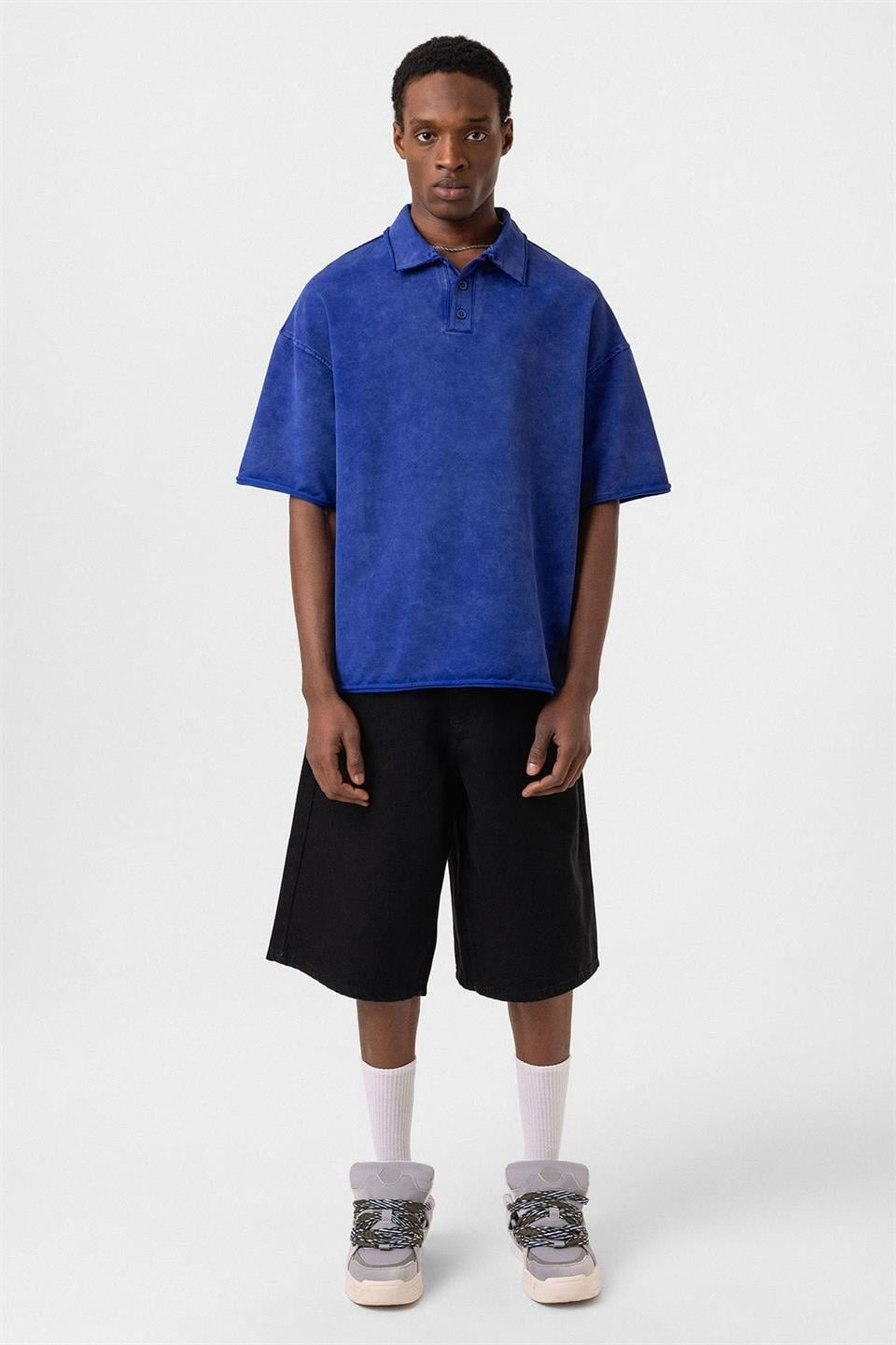 Polo Yaka Yıkamalı Oversize Tişört