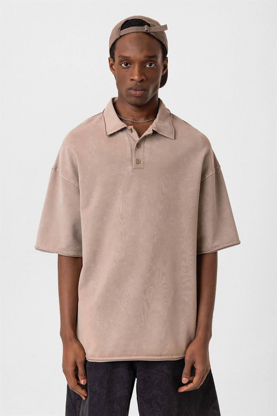 Polo Yaka Yıkamalı Oversize Tişört