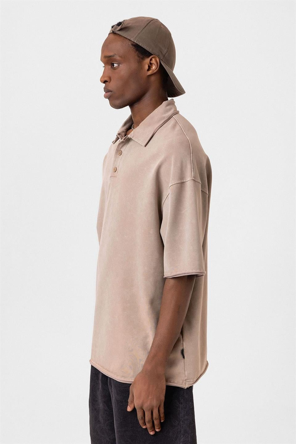 Polo Yaka Yıkamalı Oversize Tişört