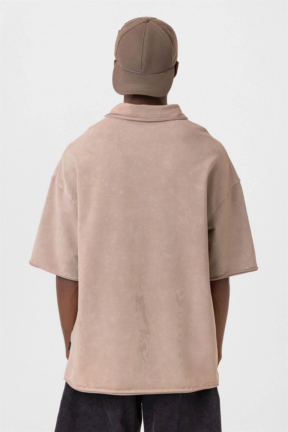 Polo Yaka Yıkamalı Oversize Tişört