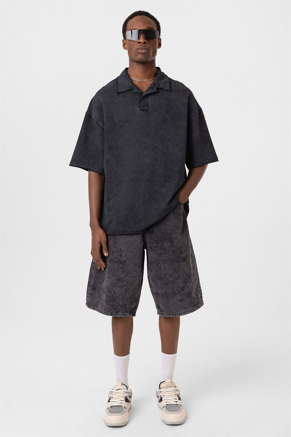Polo Yaka Yıkamalı Oversize Tişört