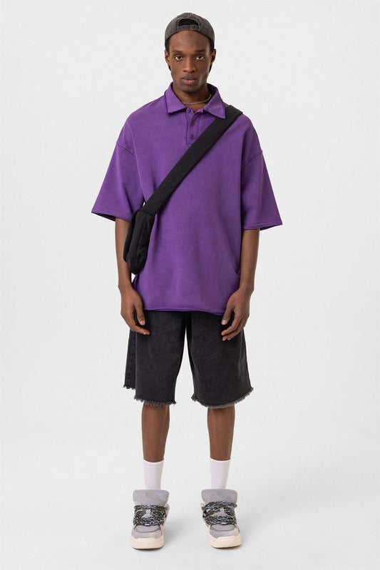 Polo Yaka Yıkamalı Oversize Tişört