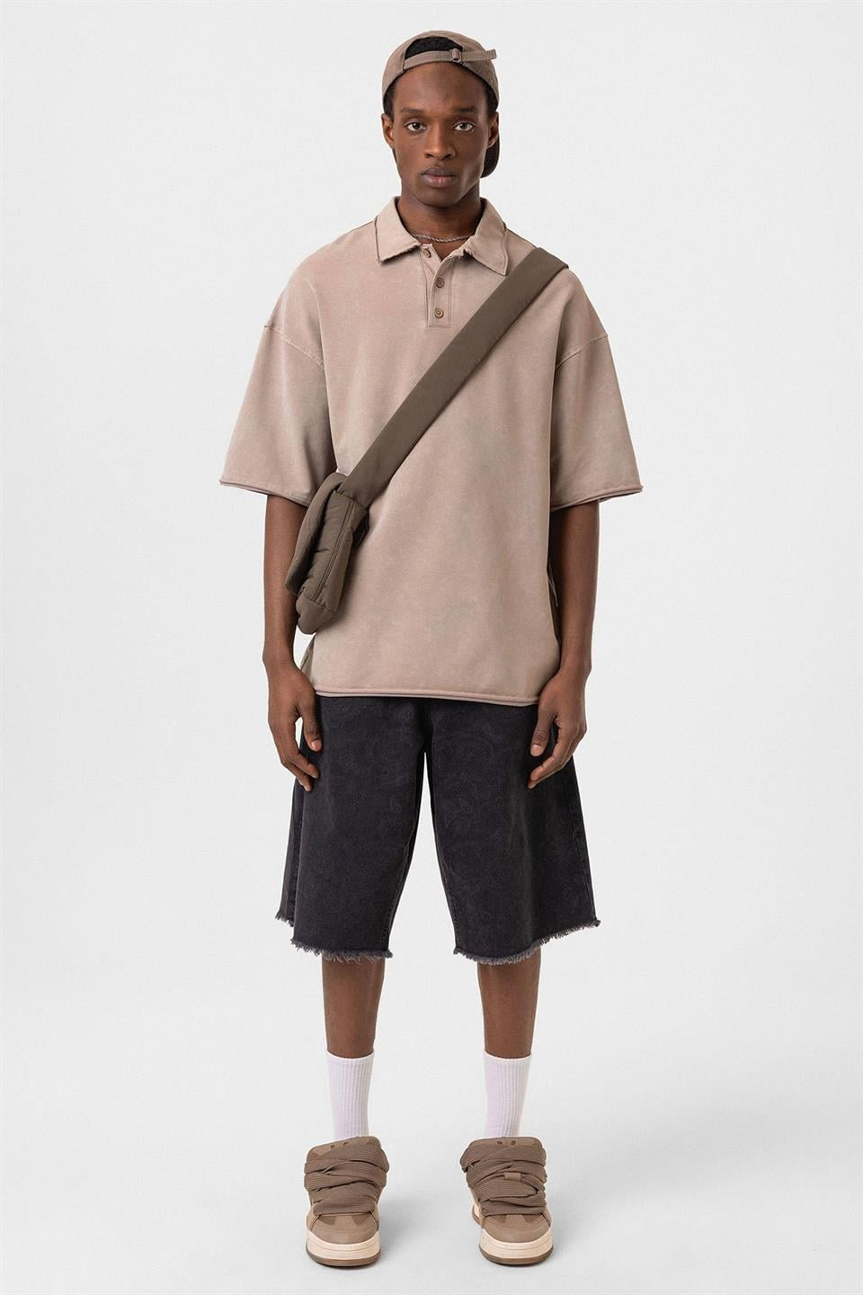 Polo Yaka Yıkamalı Oversize Tişört