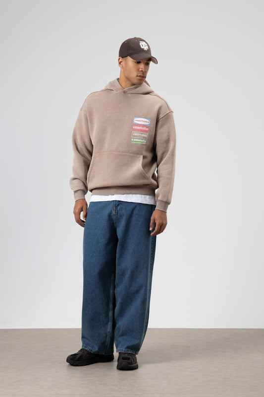 Oversize Yıkamalı Baskılı Kapüşonlu Sweatshirt