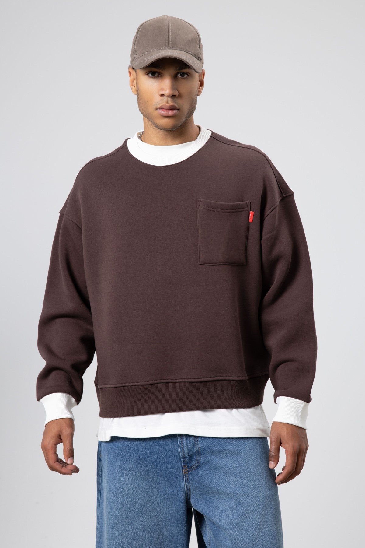 Bisiklet Yaka Cep Detaylı Oversize Sweatshirt