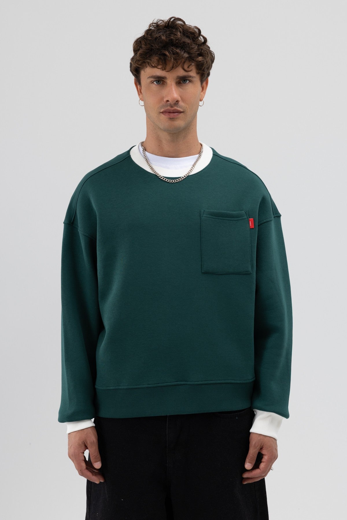 Bisiklet Yaka Cep Detaylı Oversize Sweatshirt