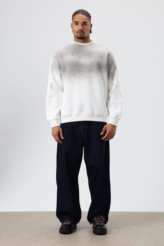 Yıkamalı Taş Detaylı Oversize Sweatshirt