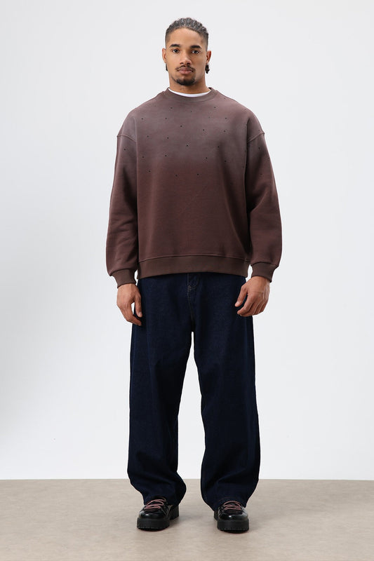 Yıkamalı Taş Detaylı Oversize Sweatshirt