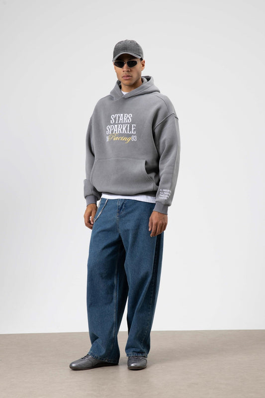 Oversize Nakış BaskılıKapüşonlu Sweatshirt