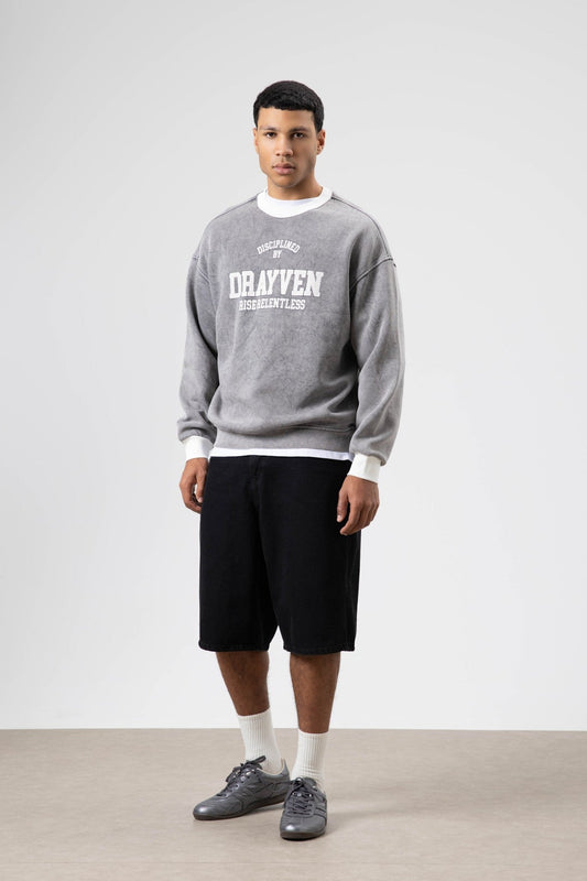 Oversize Bisiklet Yaka Baskılı Sweatshirt