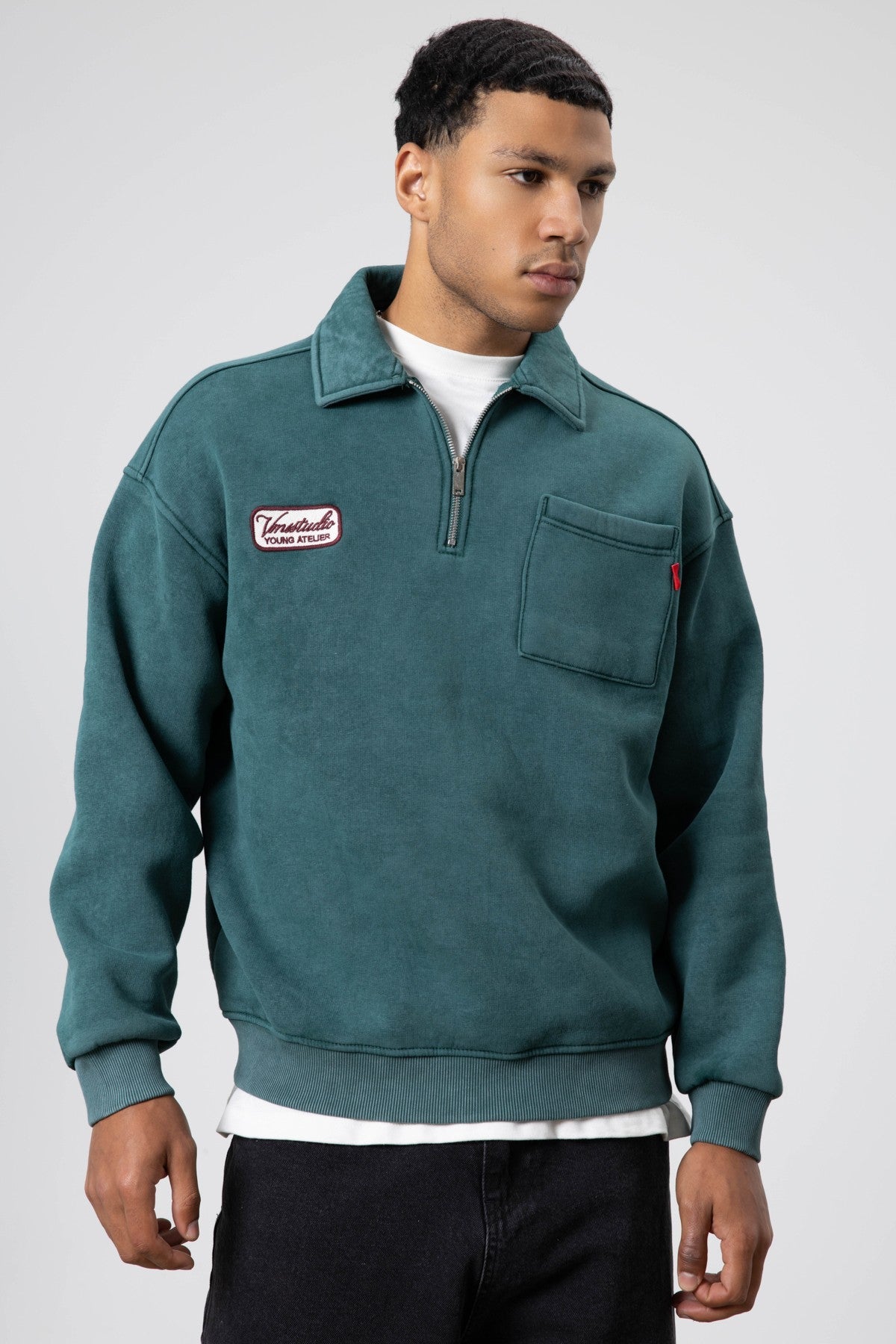 Yaka Fermuarlı Oversize Baskılı Sweatshirt