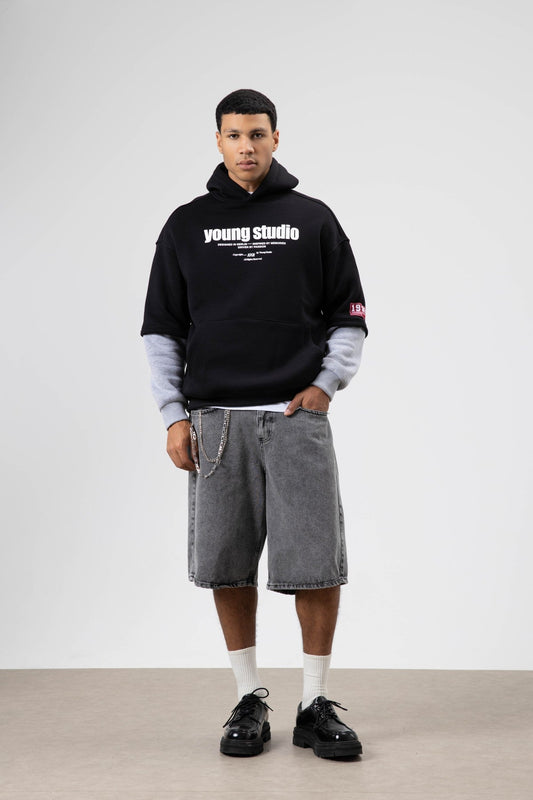 Oversize Baskılı Kapüşonlu Sweatshirt Siyah