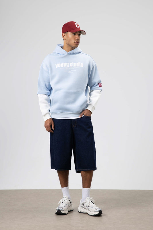 Oversize Baskılı Kapüşonlu Sweatshirt Bebe Mavi