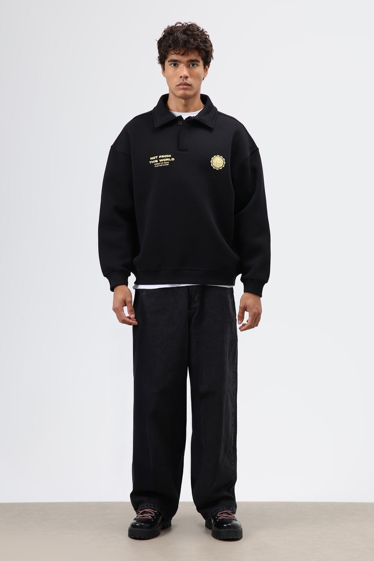 Polo Yaka Oversize Baskılı Yıkamalı Sweatshirt