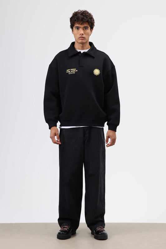 Polo Yaka Oversize Baskılı Yıkamalı Sweatshirt
