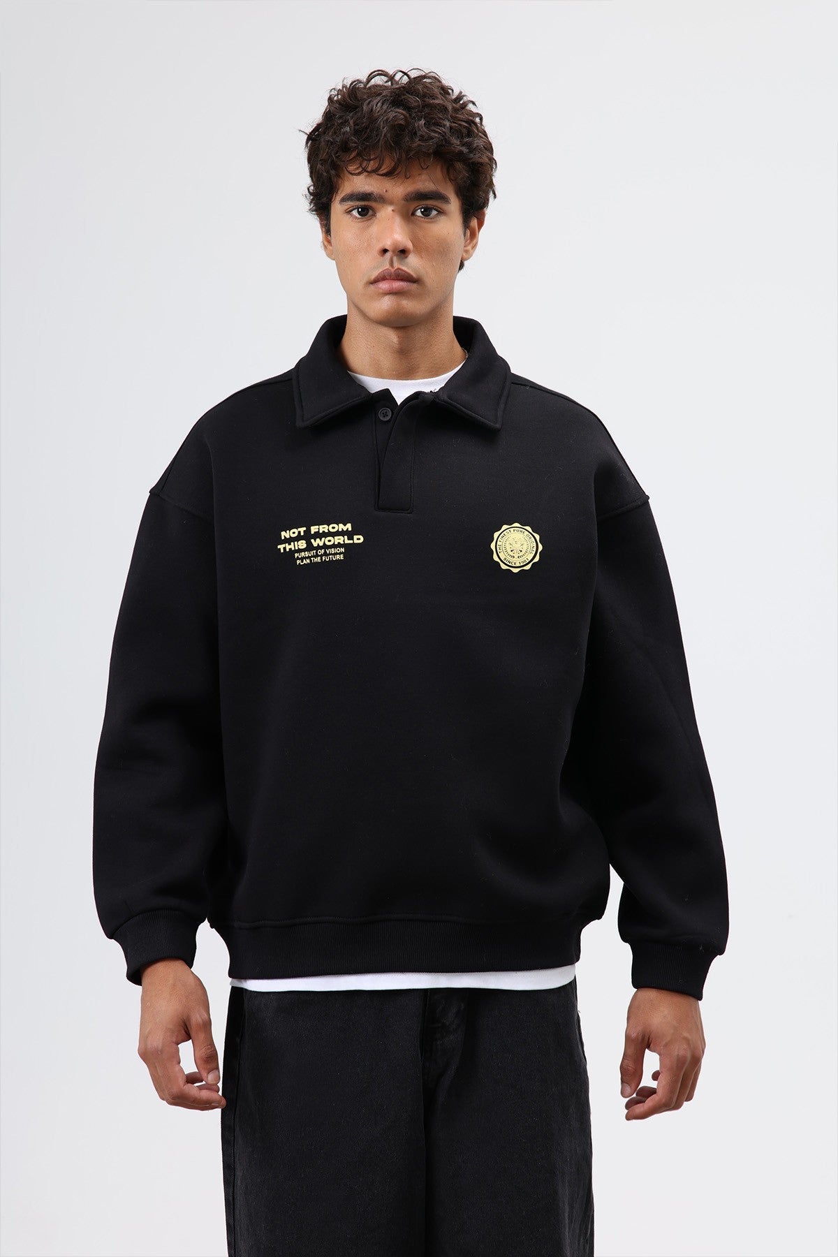 Polo Yaka Oversize Baskılı Yıkamalı Sweatshirt