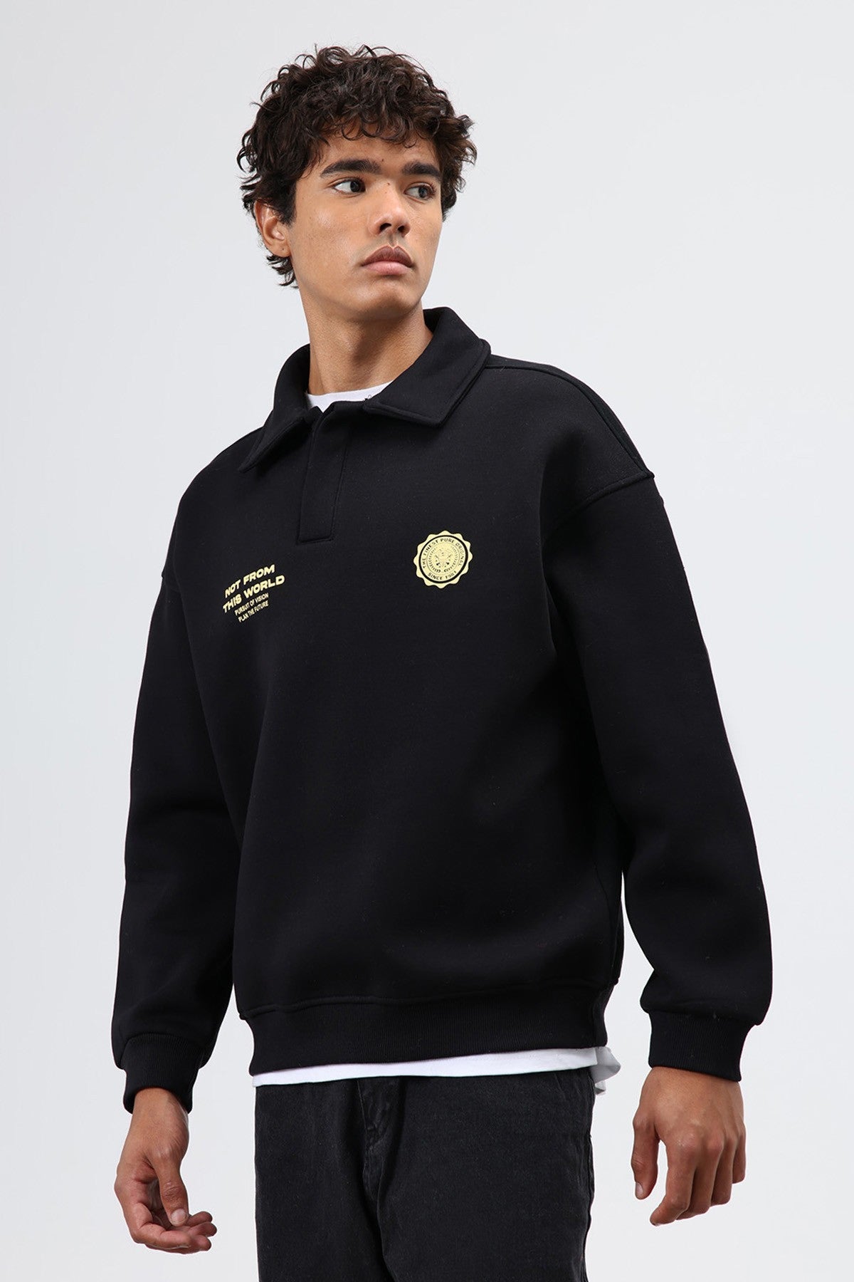 Polo Yaka Oversize Baskılı Yıkamalı Sweatshirt
