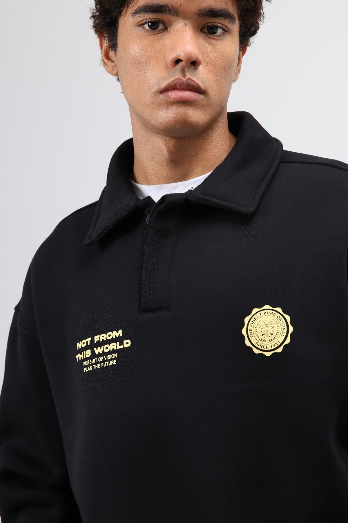 Polo Yaka Oversize Baskılı Yıkamalı Sweatshirt