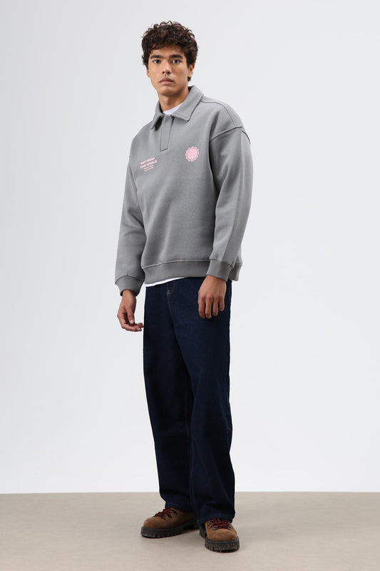 Polo Yaka Oversize Baskılı Yıkamalı Sweatshirt