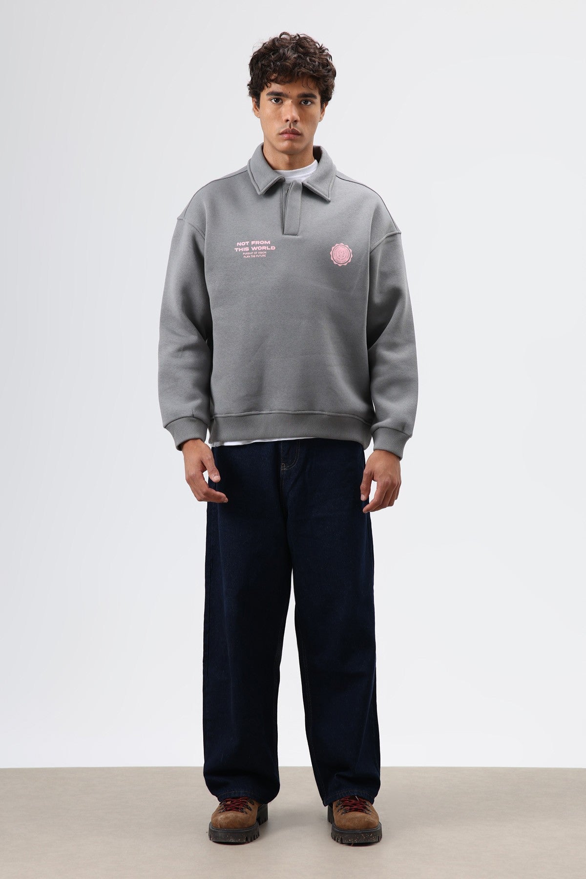 Polo Yaka Oversize Baskılı Yıkamalı Sweatshirt