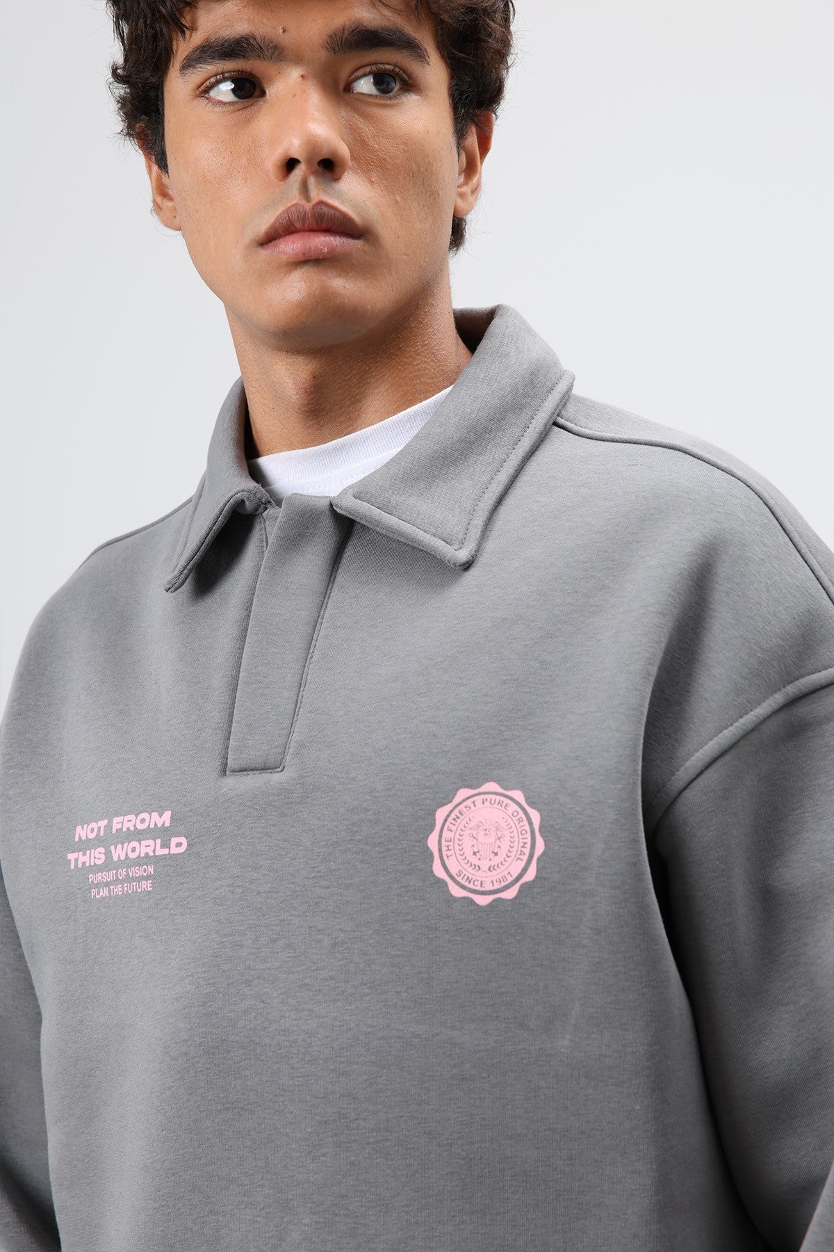 Polo Yaka Oversize Baskılı Yıkamalı Sweatshirt