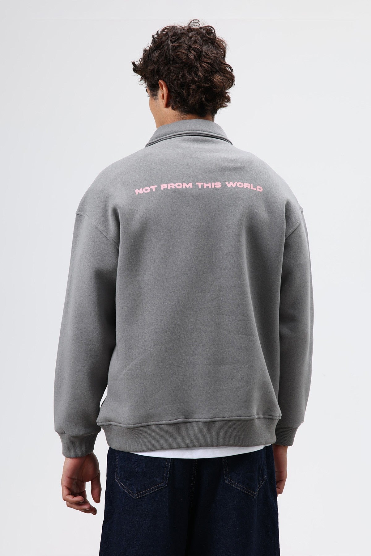 Polo Yaka Oversize Baskılı Yıkamalı Sweatshirt