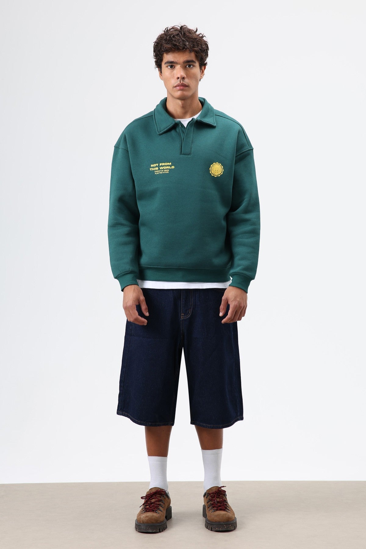 Polo Yaka Oversize Baskılı Yıkamalı Sweatshirt