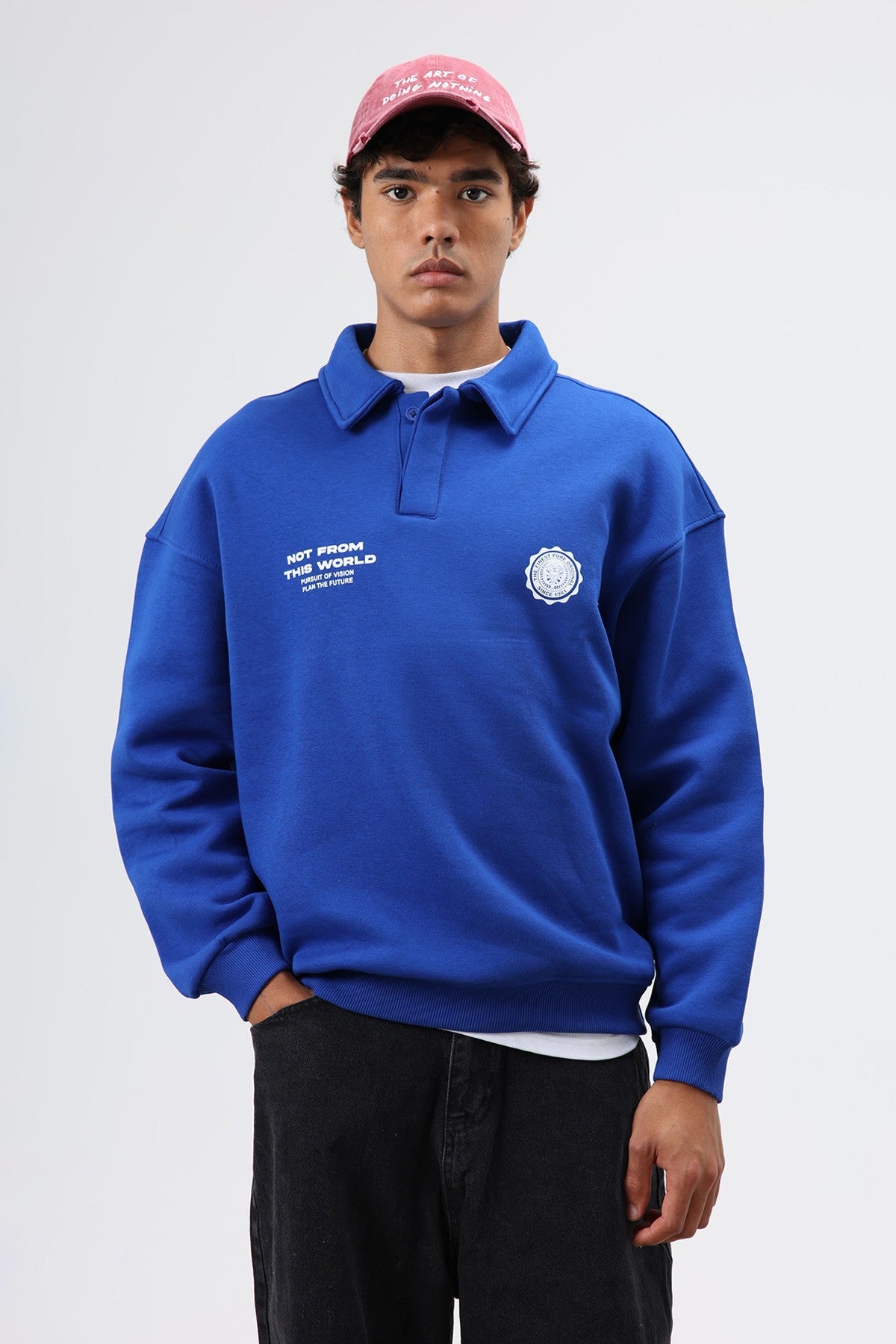 Polo Yaka Oversize Baskılı Yıkamalı Sweatshirt
