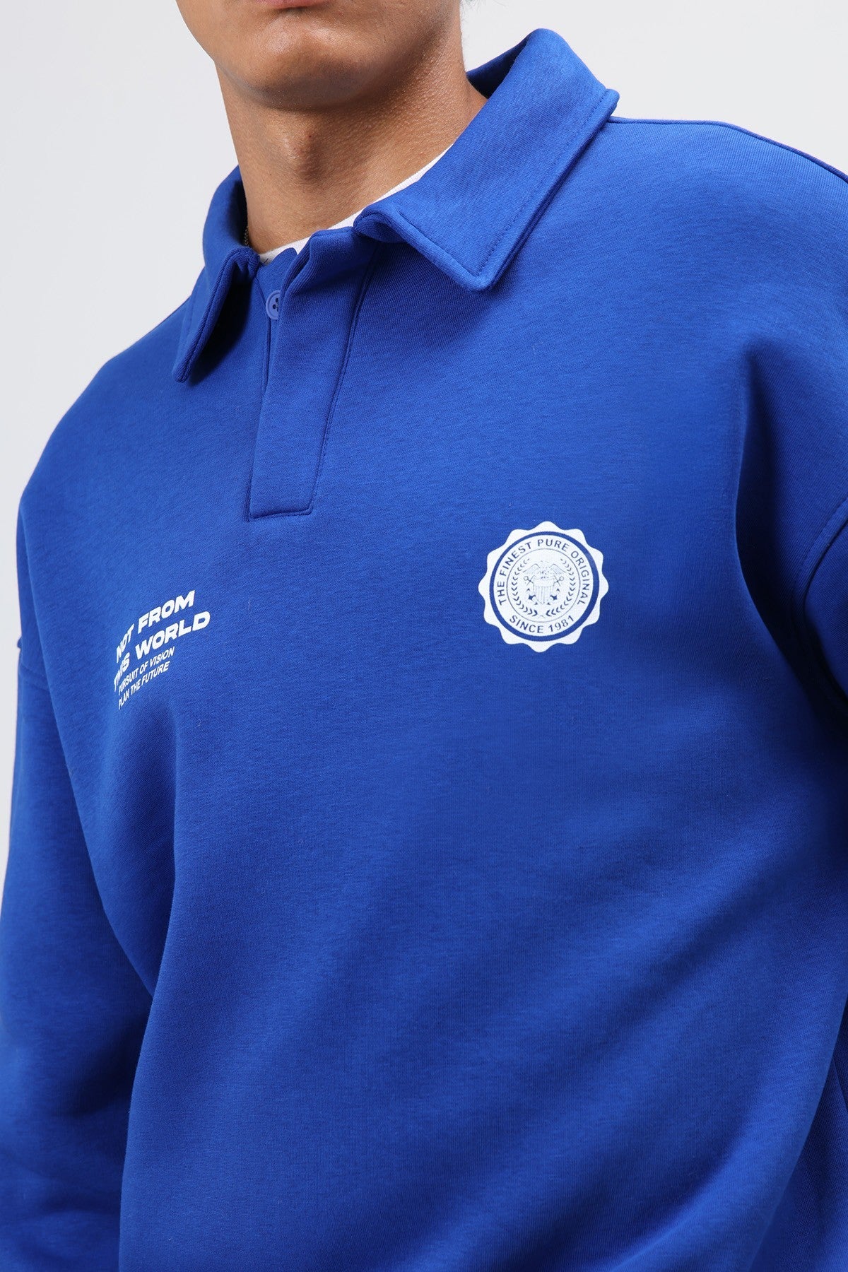Polo Yaka Oversize Baskılı Yıkamalı Sweatshirt