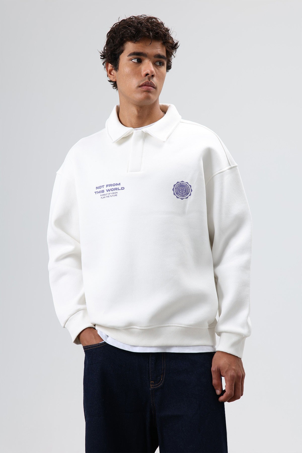 Polo Yaka Oversize Baskılı Yıkamalı Sweatshirt