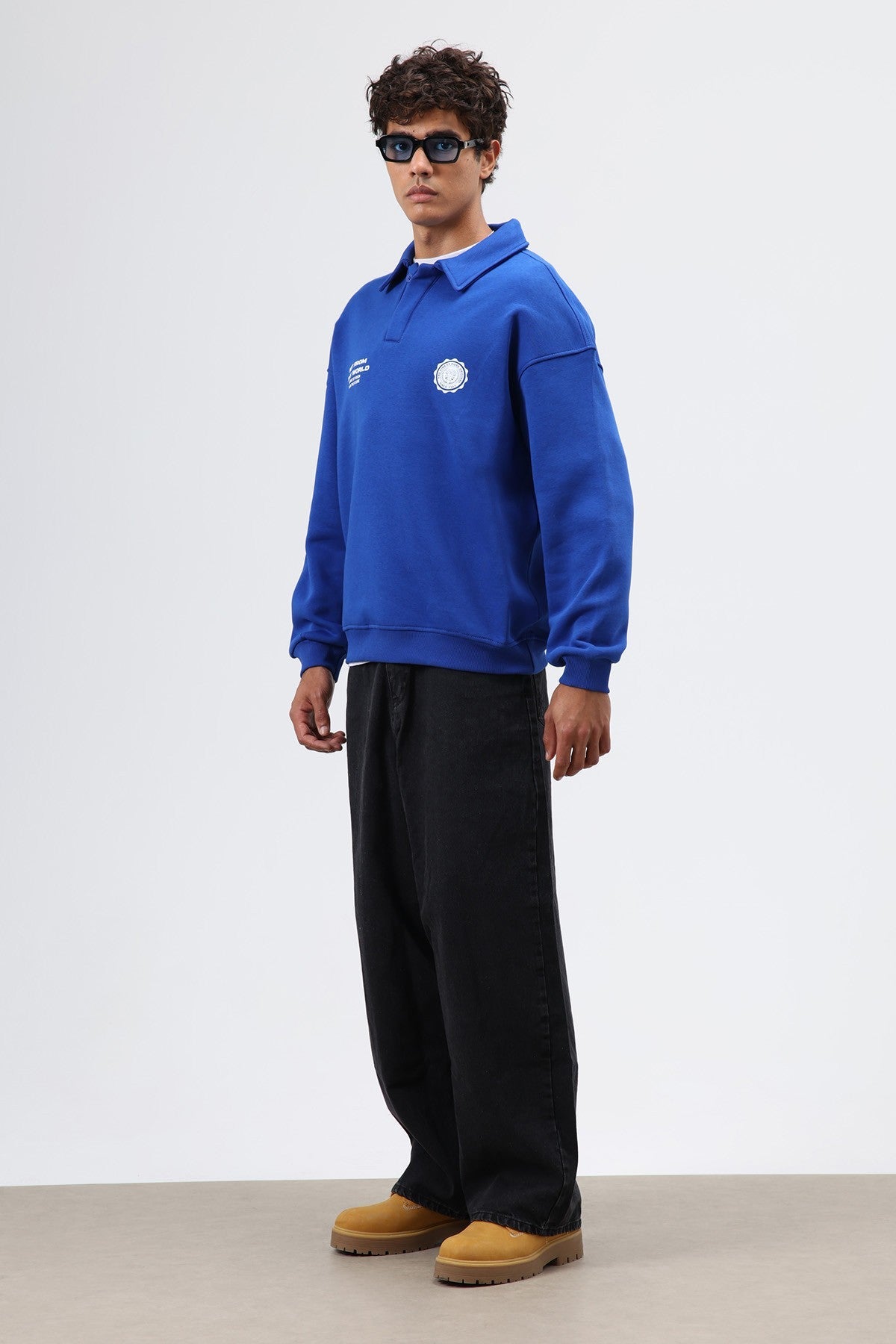 Polo Yaka Oversize Baskılı Yıkamalı Sweatshirt