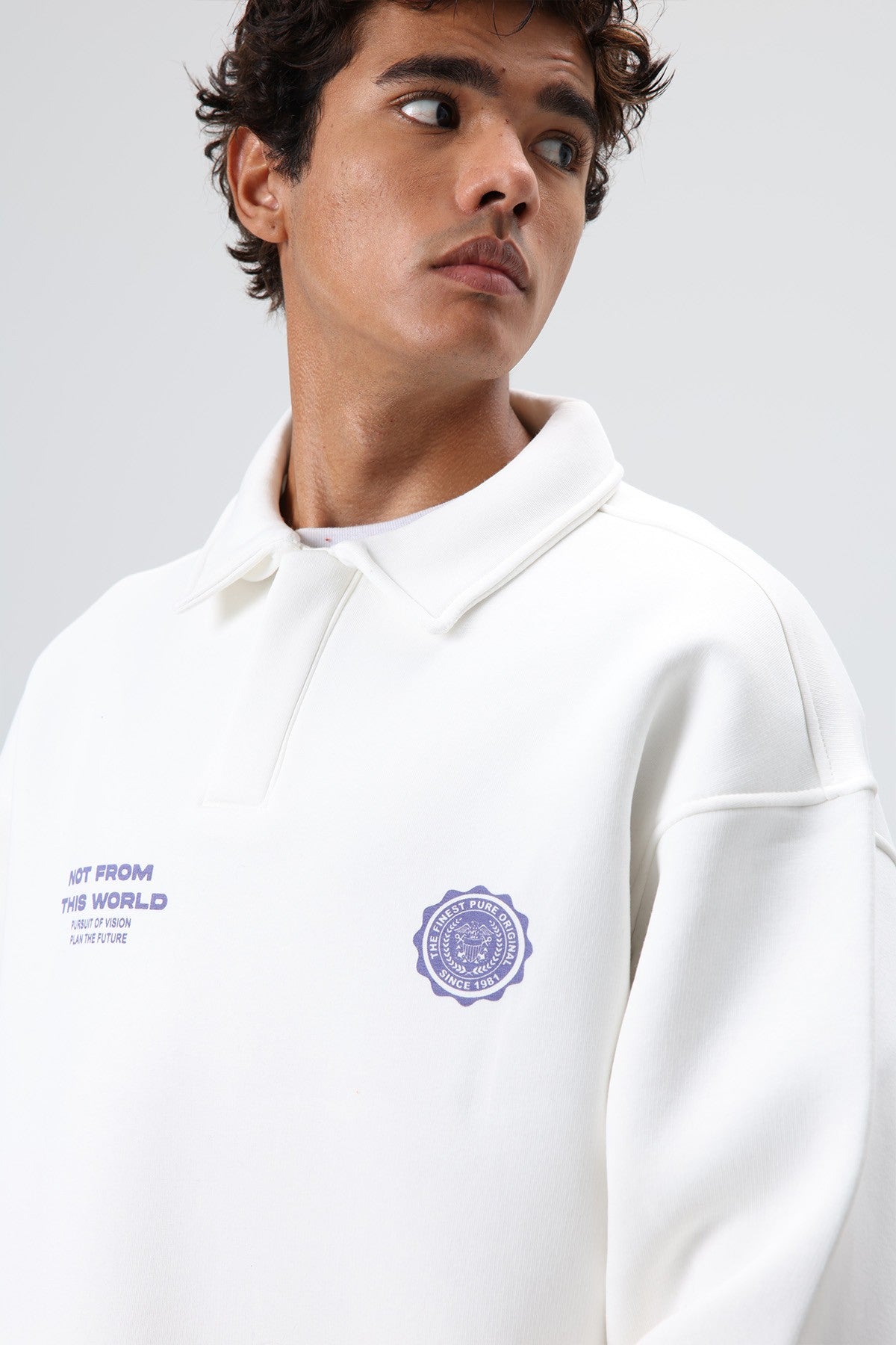 Polo Yaka Oversize Baskılı Yıkamalı Sweatshirt