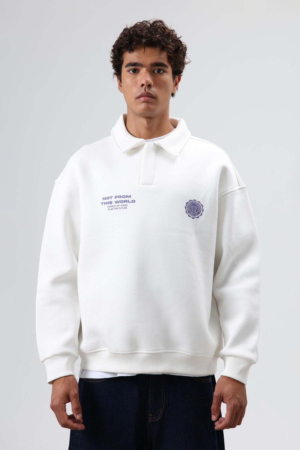 Polo Yaka Oversize Baskılı Yıkamalı Sweatshirt
