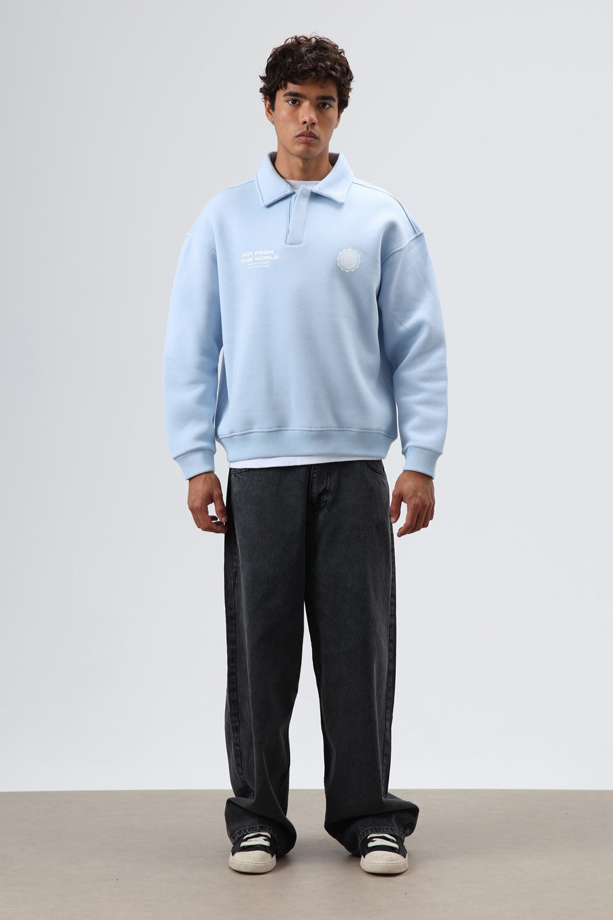 Polo Yaka Oversize Baskılı Yıkamalı Sweatshirt