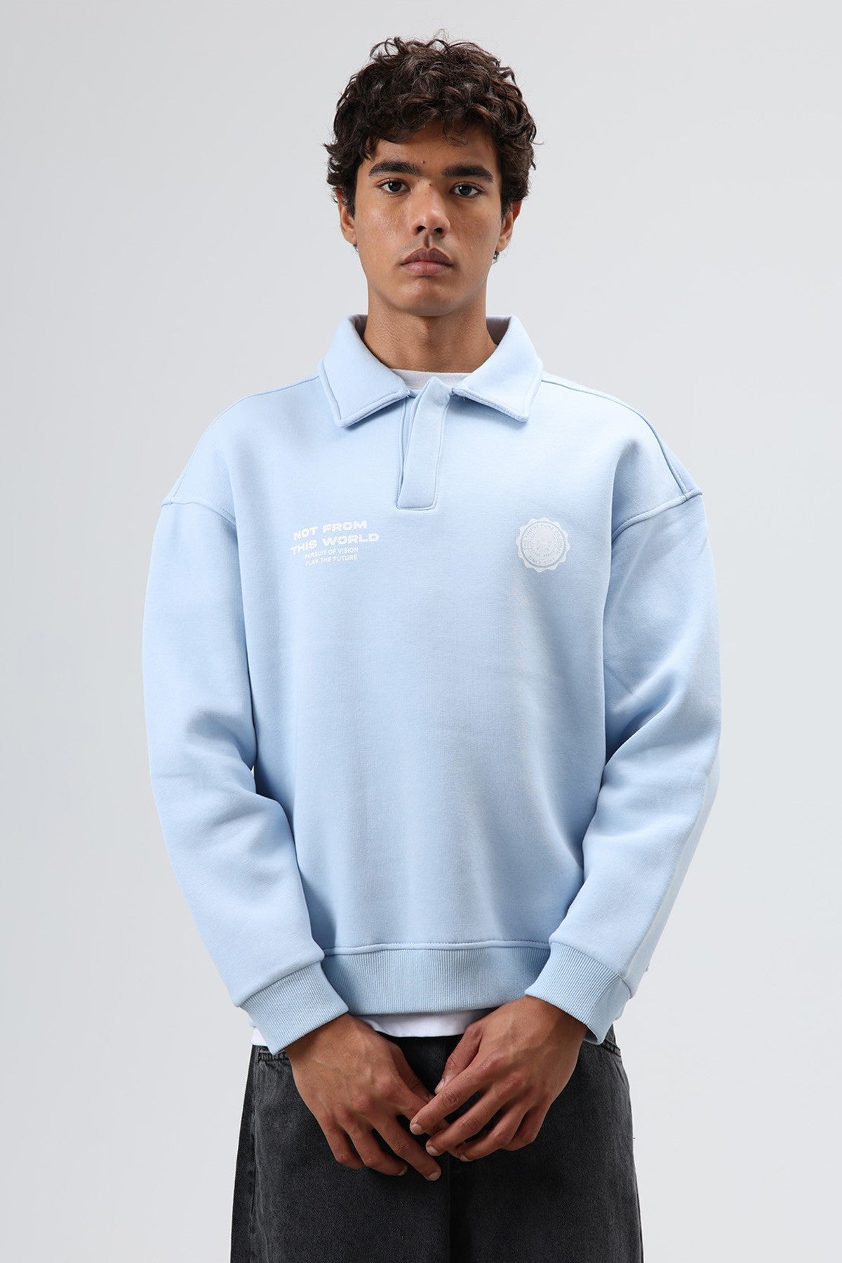 Polo Yaka Oversize Baskılı Yıkamalı Sweatshirt