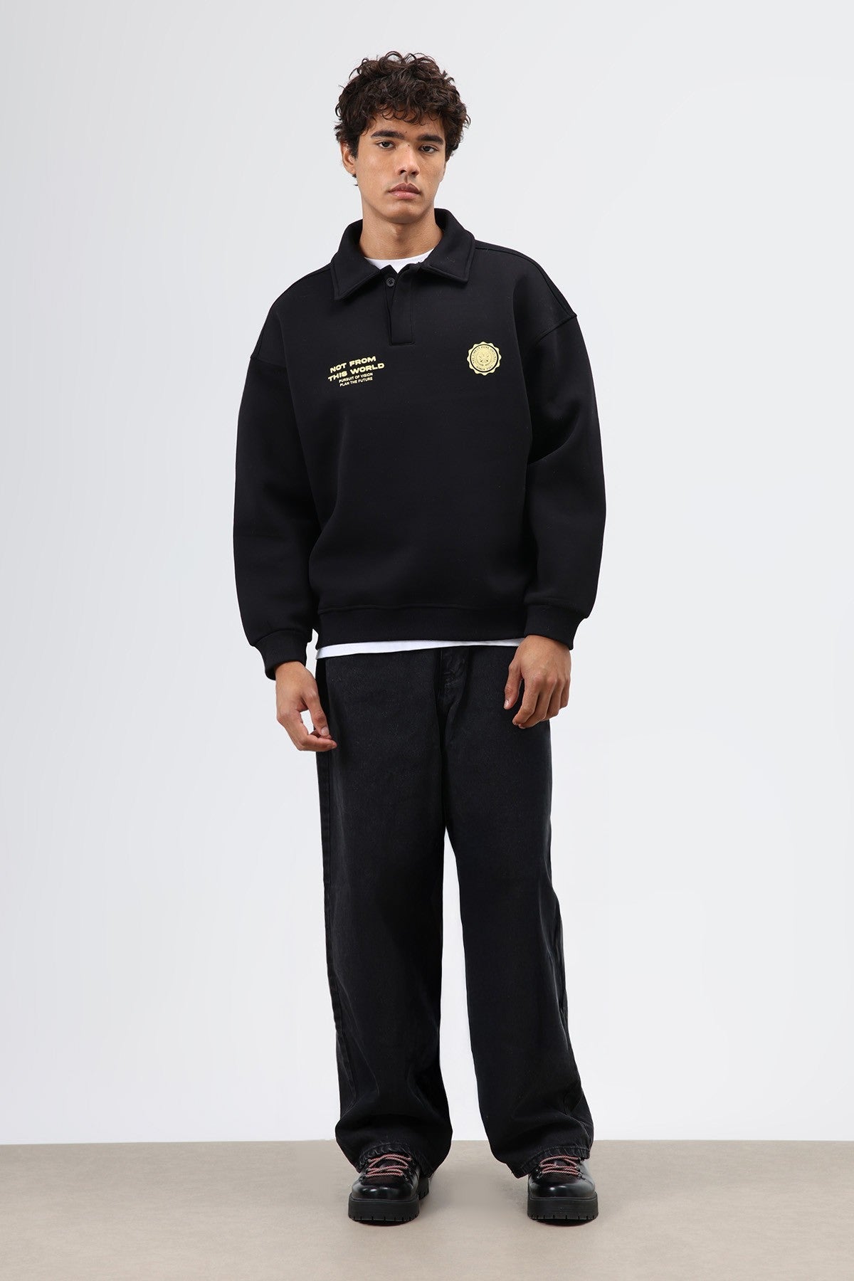 Polo Yaka Oversize Baskılı Yıkamalı Sweatshirt