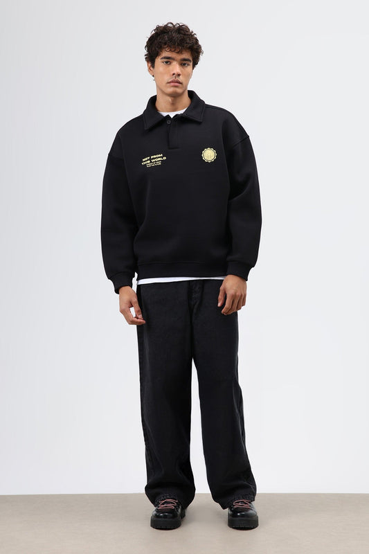 Polo Yaka Oversize Baskılı Yıkamalı Sweatshirt
