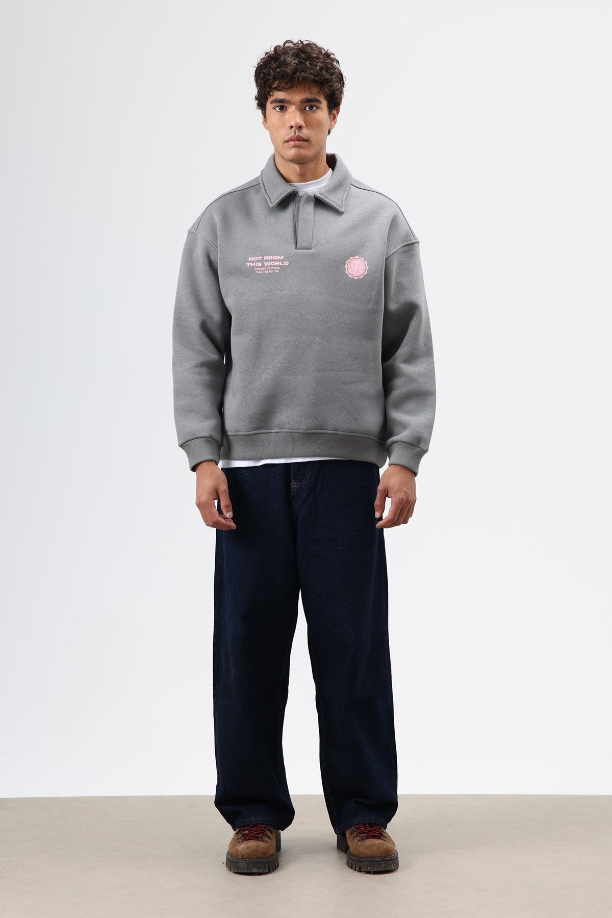 Polo Yaka Oversize Baskılı Yıkamalı Sweatshirt