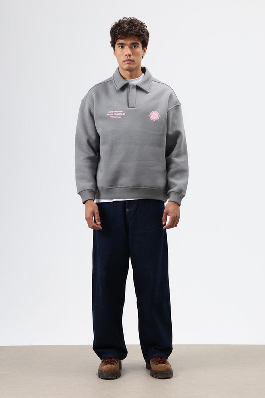 Polo Yaka Oversize Baskılı Yıkamalı Sweatshirt