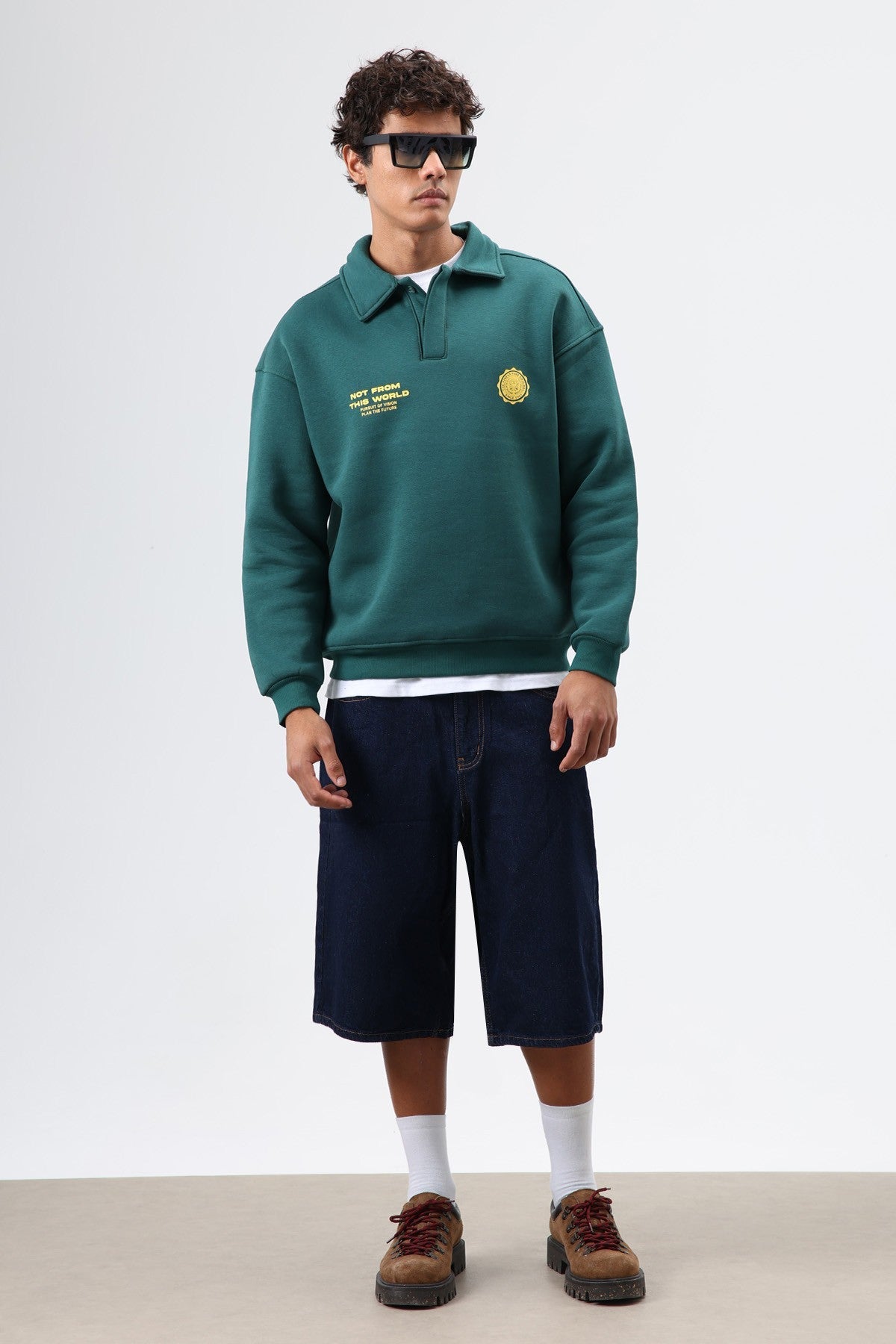 Polo Yaka Oversize Baskılı Yıkamalı Sweatshirt