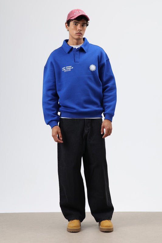 Polo Yaka Oversize Baskılı Yıkamalı Sweatshirt