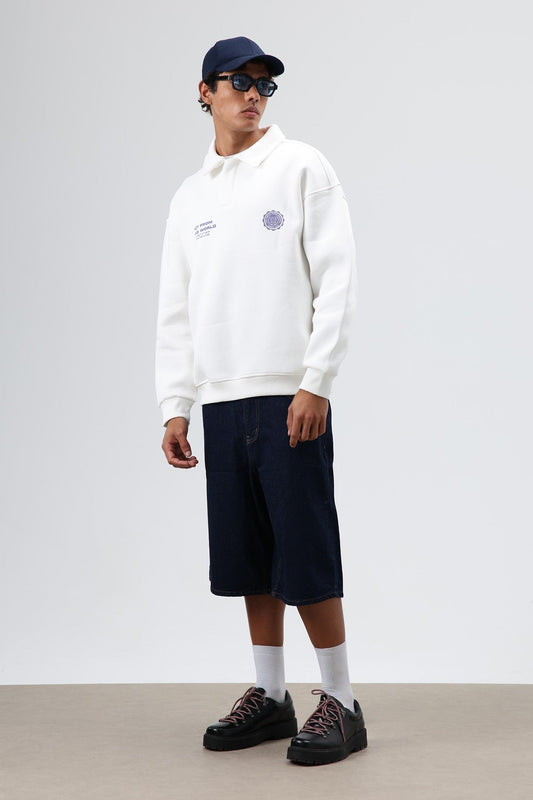 Polo Yaka Oversize Baskılı Yıkamalı Sweatshirt