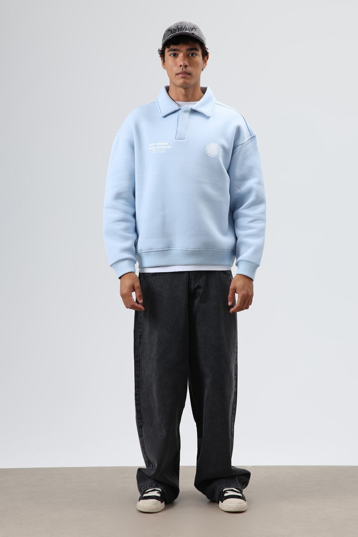 Polo Yaka Oversize Baskılı Yıkamalı Sweatshirt