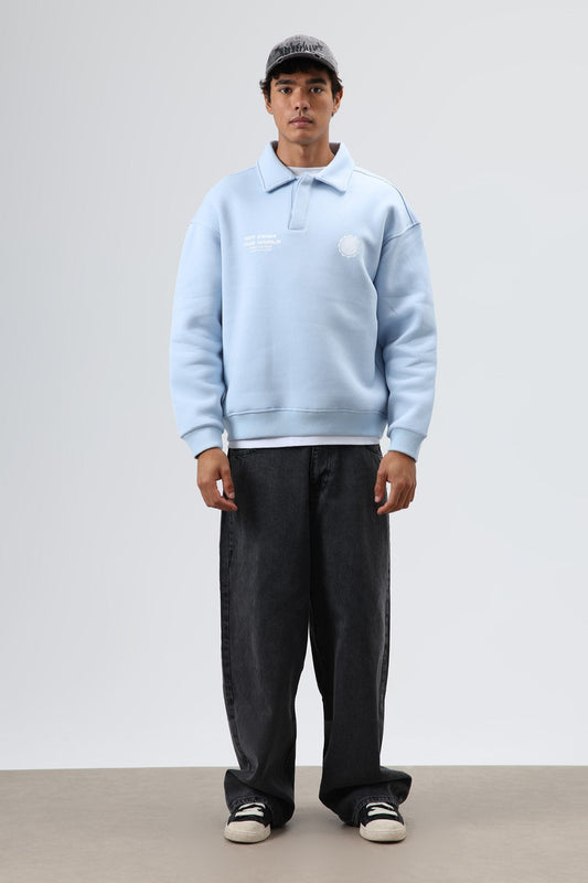 Polo Yaka Oversize Baskılı Yıkamalı Sweatshirt