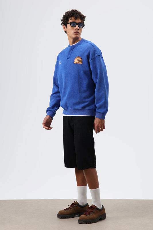 Oversize Henley Yaka Baskılı Sweatshirt