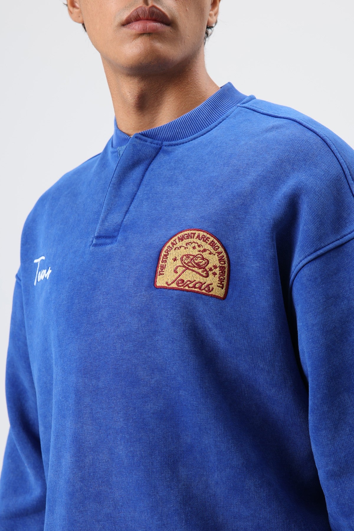 Oversize Henley Yaka Baskılı Sweatshirt