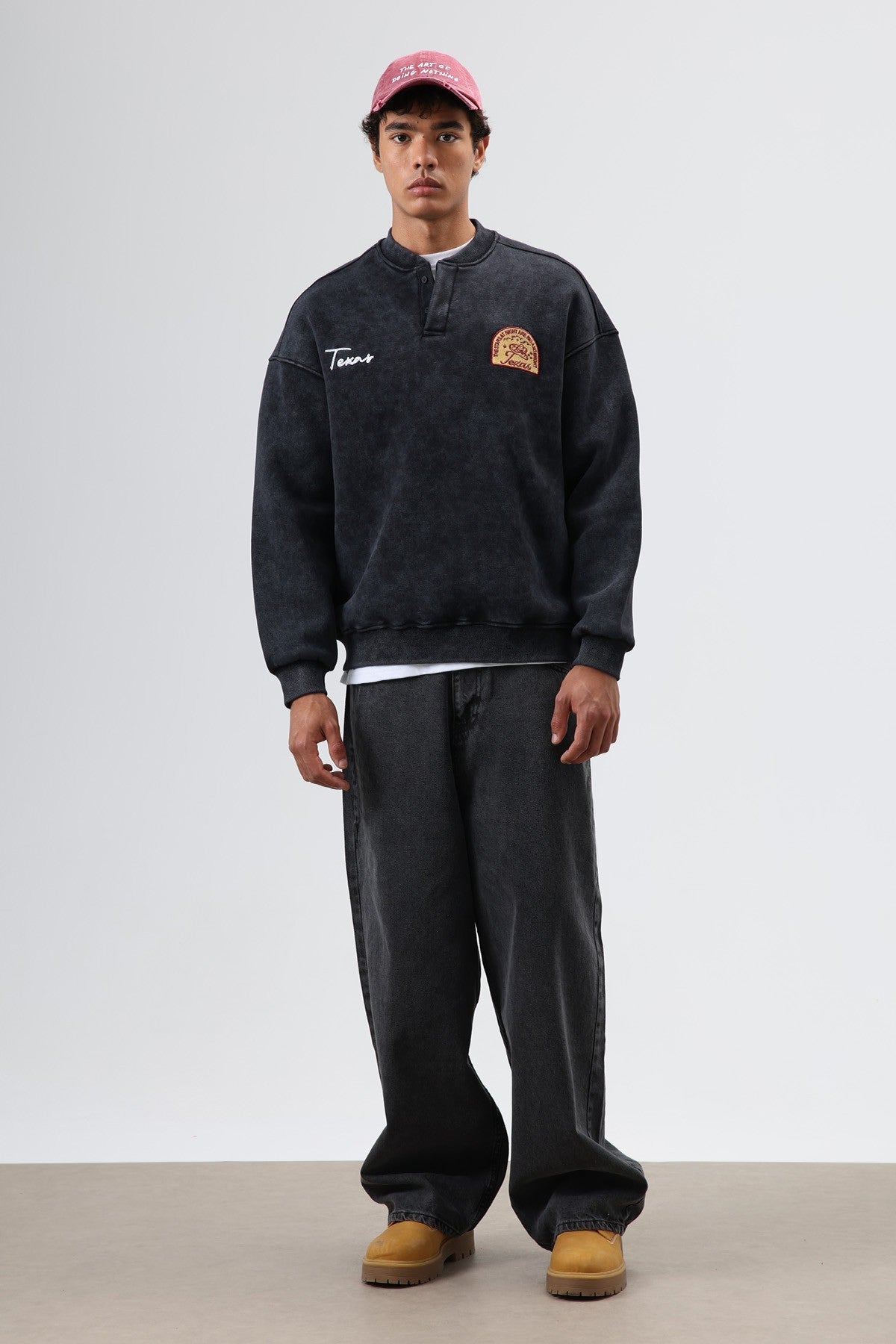 Oversize Henley Yaka Baskılı Sweatshirt