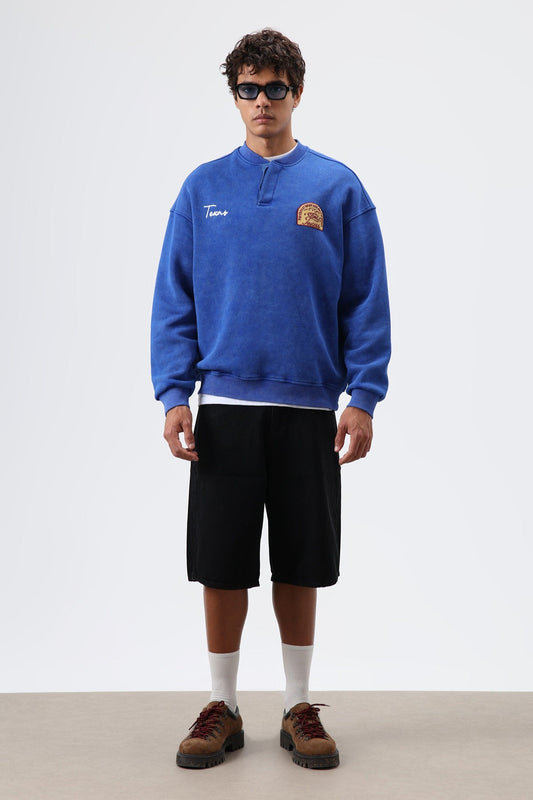 Oversize Henley Yaka Baskılı Sweatshirt