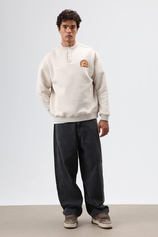 Oversize Henley Yaka Baskılı Sweatshirt