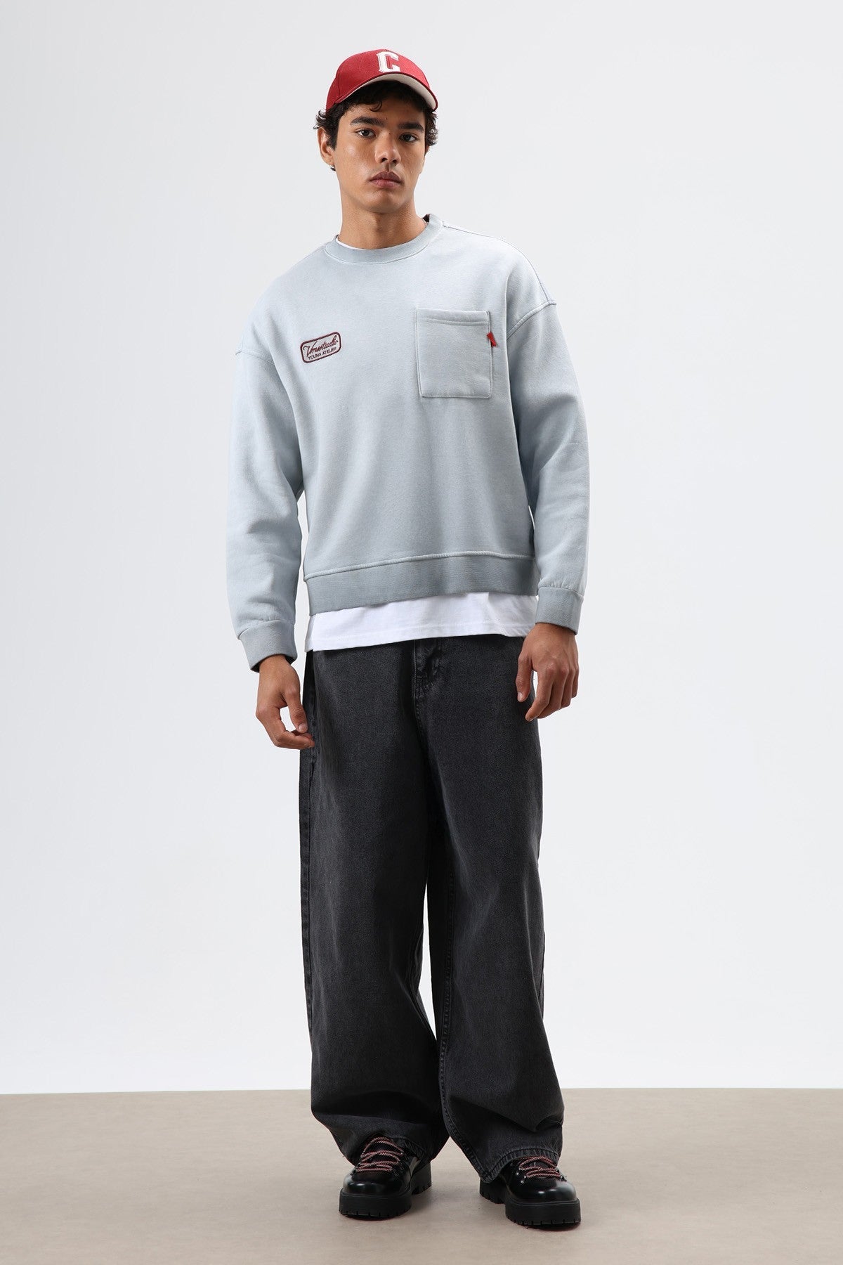 Oversize Bisiklet Yaka Cepli Sweatshirt